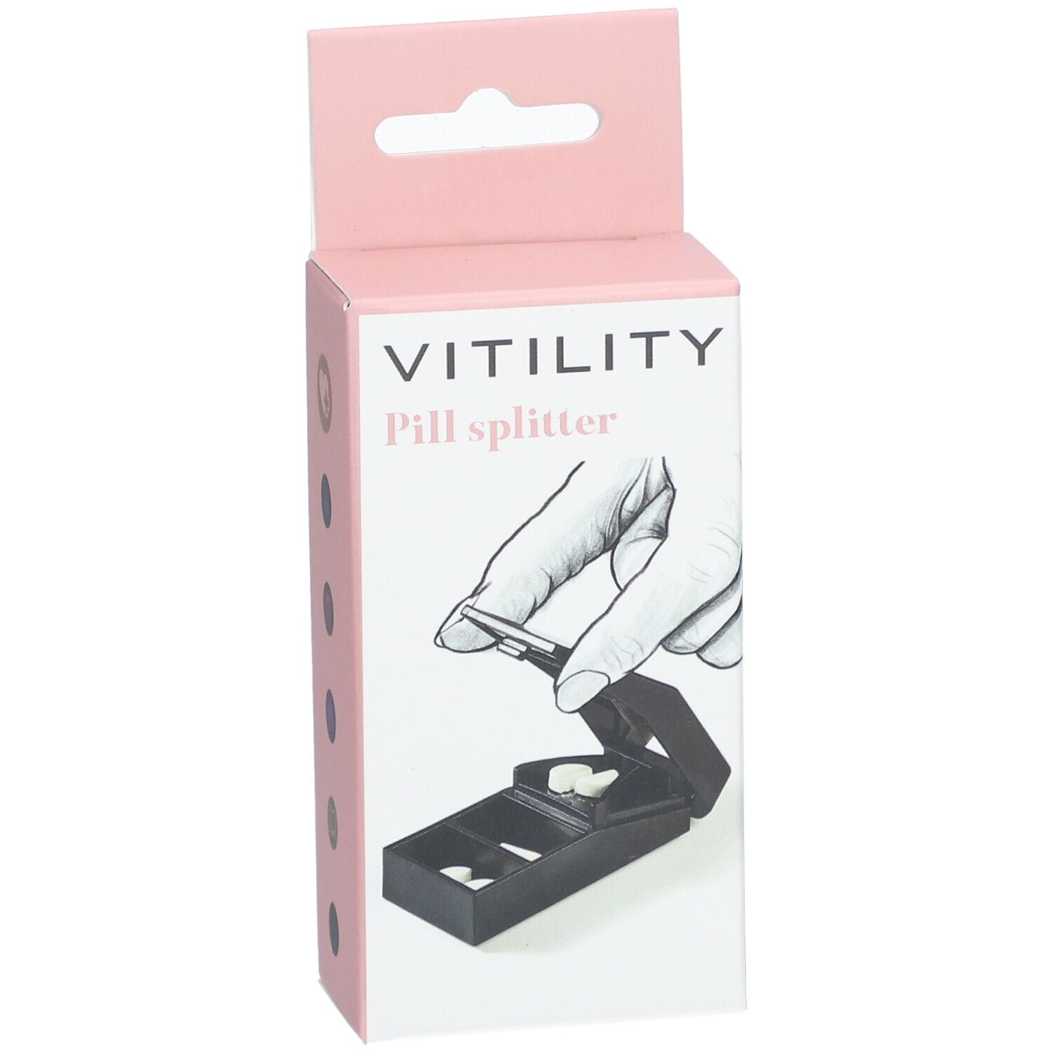 Roze verpakking met VITILITY pillensnijder. Illustratie van een hand die tabletten snijdt. Zwarte pillensnijder binnenin.