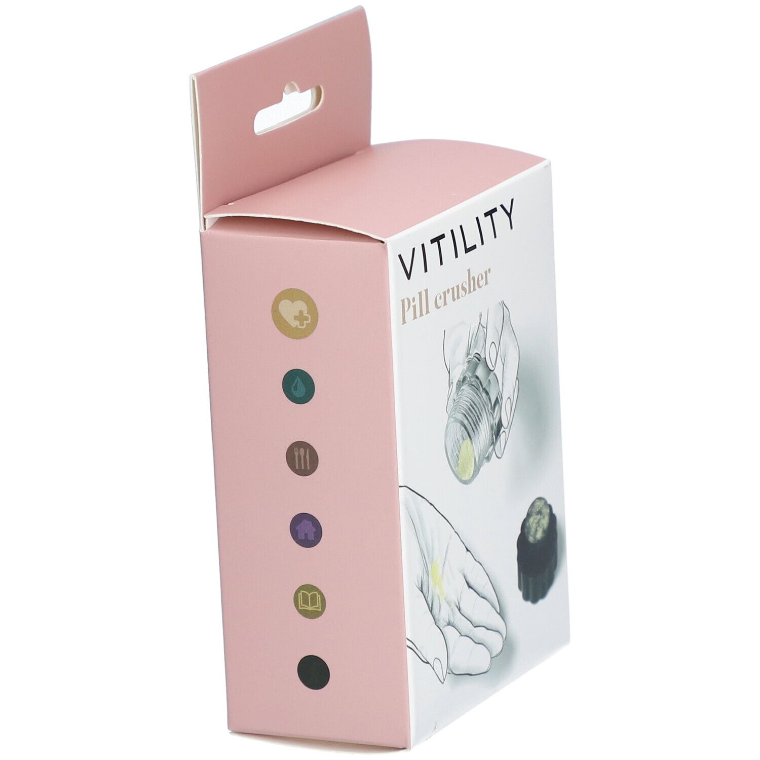 Zijaanzicht van de verpakking van een pillenvergruizer. Opschrift: VITILITY Pill crusher. Illustraties van het product.