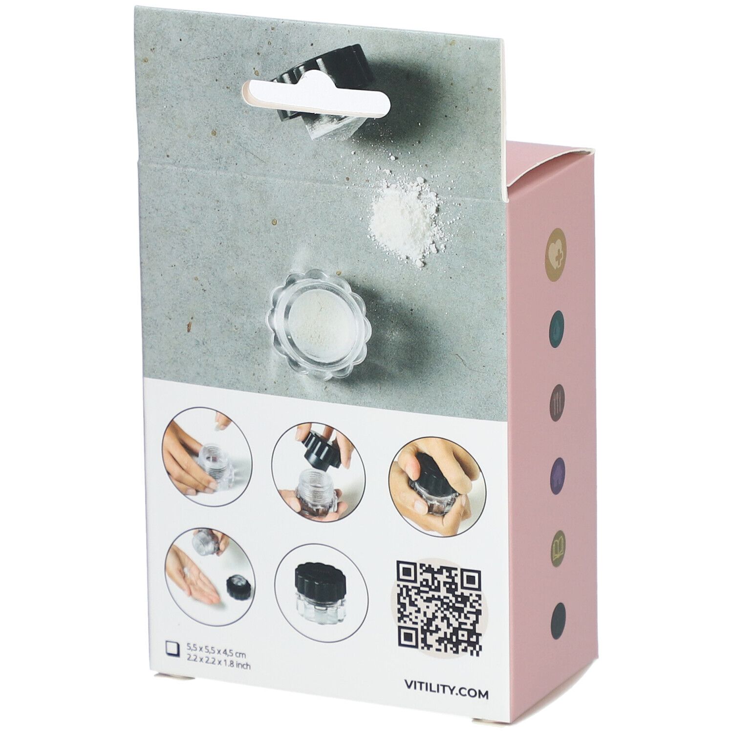 Achterkant van de verpakking van een pillenvergruizer. Illustraties van gebruik. QR-code en productnaam VITILITY.