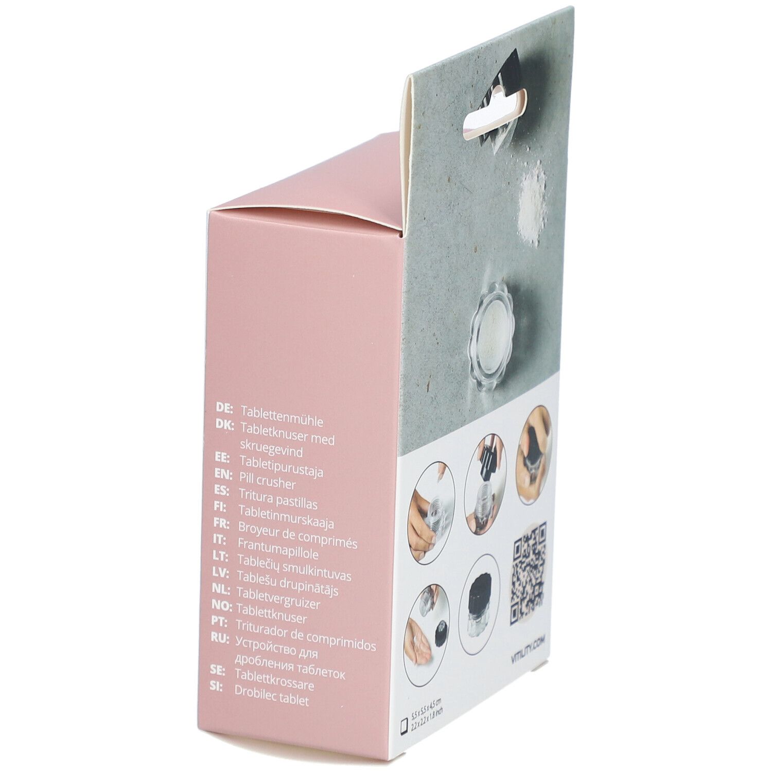 Achterkant van de verpakking van een pillenvergruizer. Meertalige productnamen. QR-code en naam VITILITY.