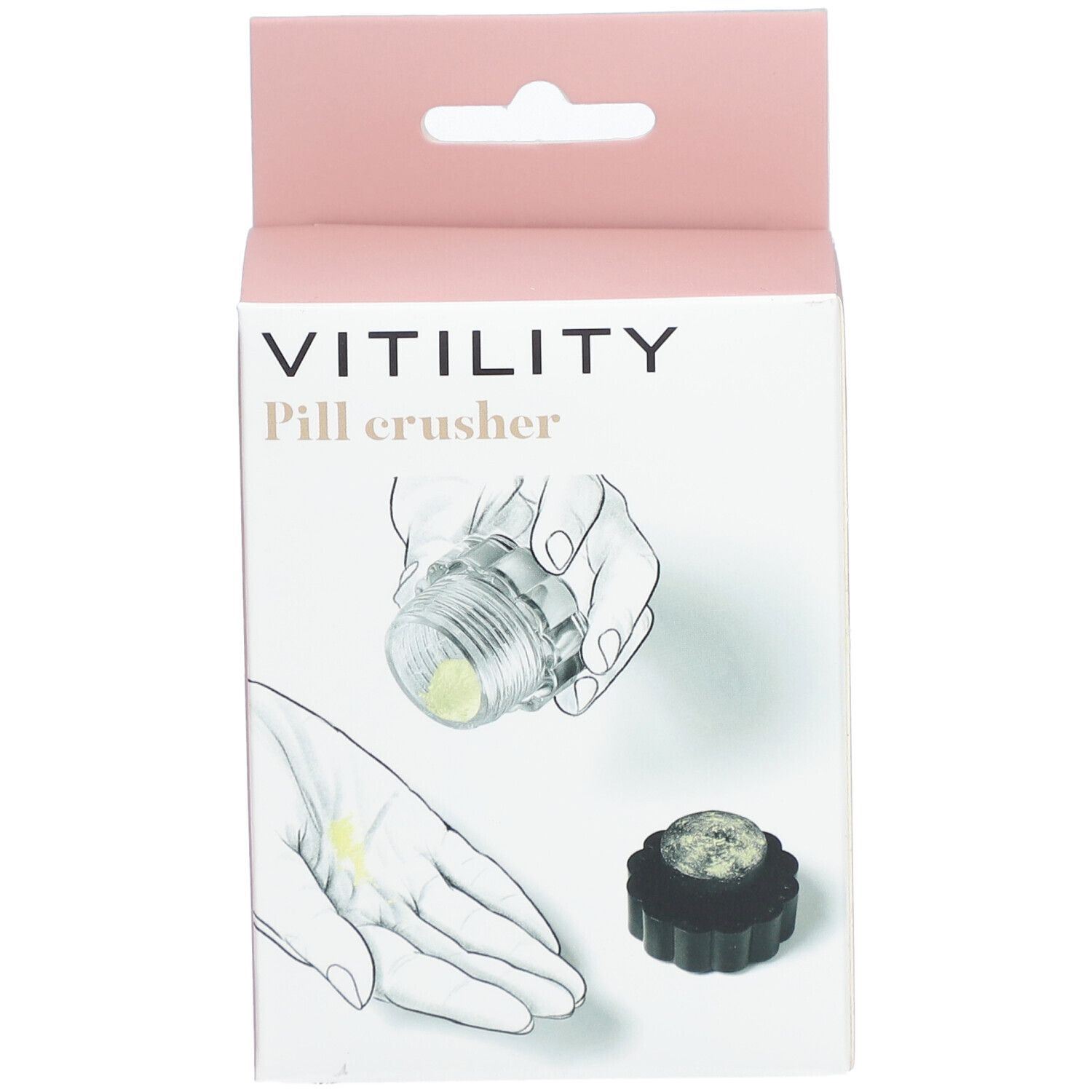 Verpakking van een pillenvergruizer. Opschrift: VITILITY Pill crusher. Illustraties van het product en gebruik.