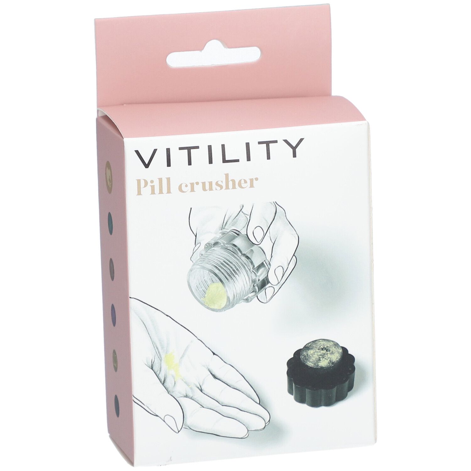 Schuine weergave van de verpakking van een pillenvergruizer. Opschrift: VITILITY Pill crusher. Illustraties van het product.