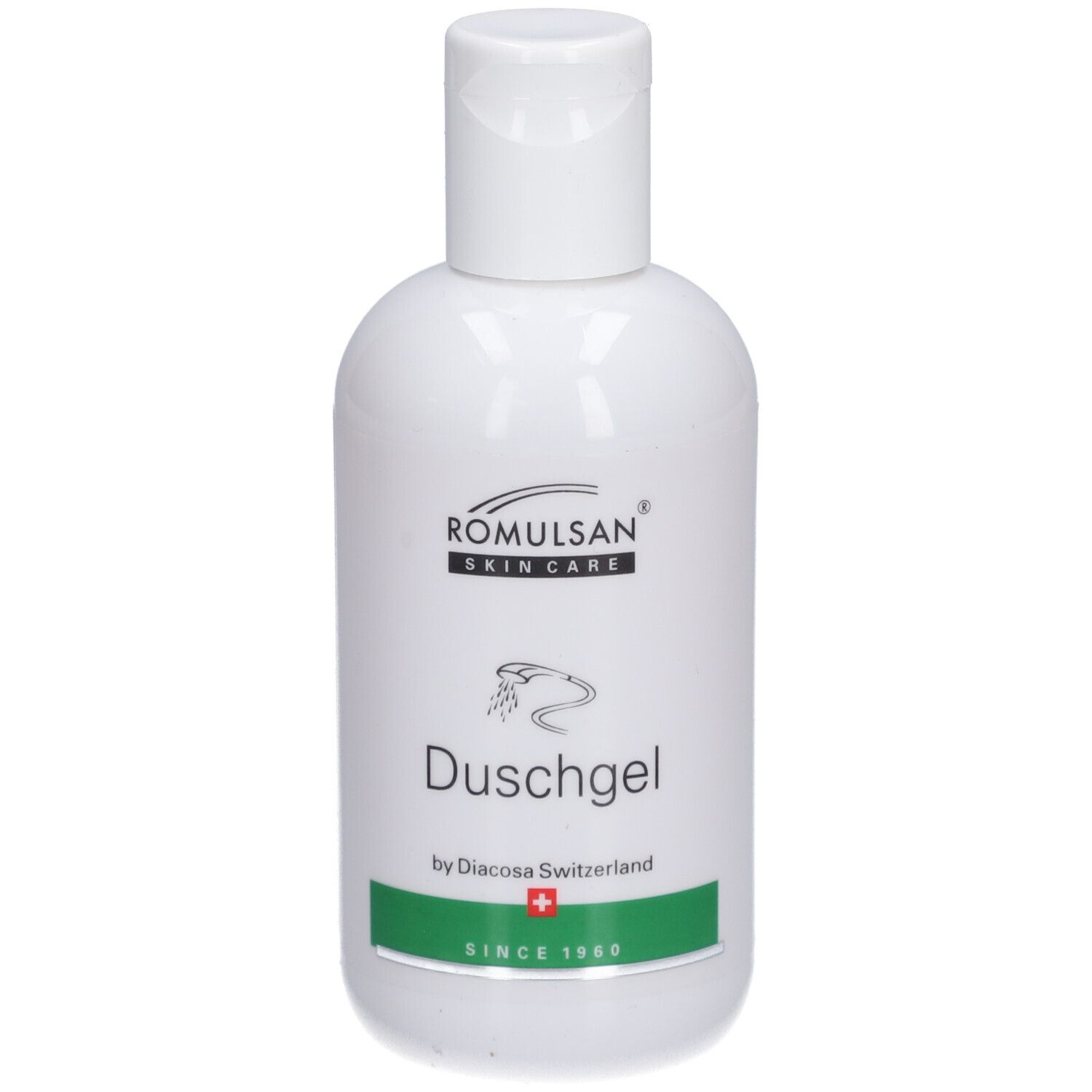 Witte fles met klapdeksel. Opschrift: Romulsan Skin Care, Duschgel, by Diacosa Switzerland. Groene streep met Zwitsers kruis.