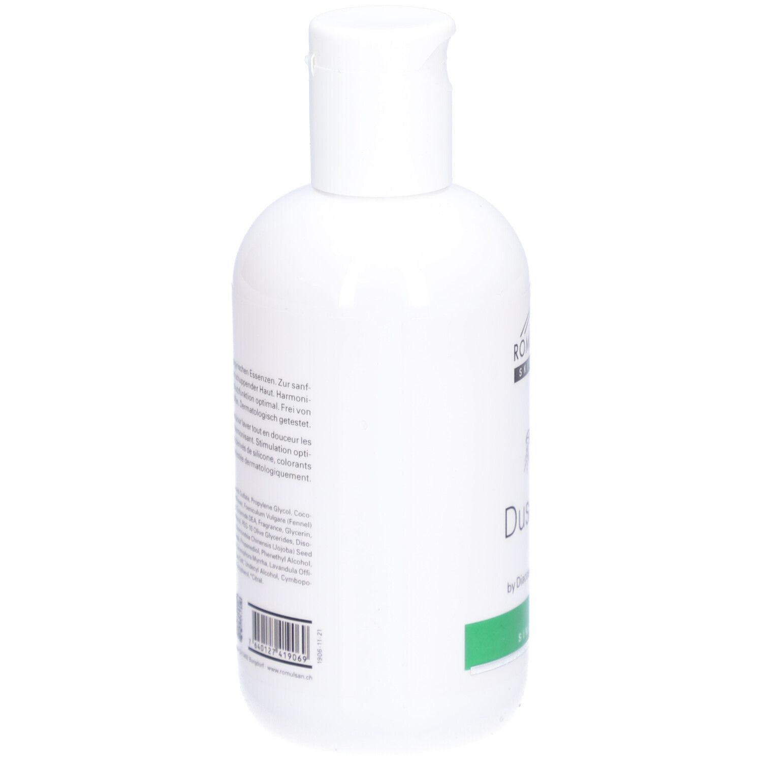 Witte fles met klapdeksel. Achterkant met tekst en barcode. Opschrift: Romulsan Skin Care, Duschgel, by Diacosa Switzerland.