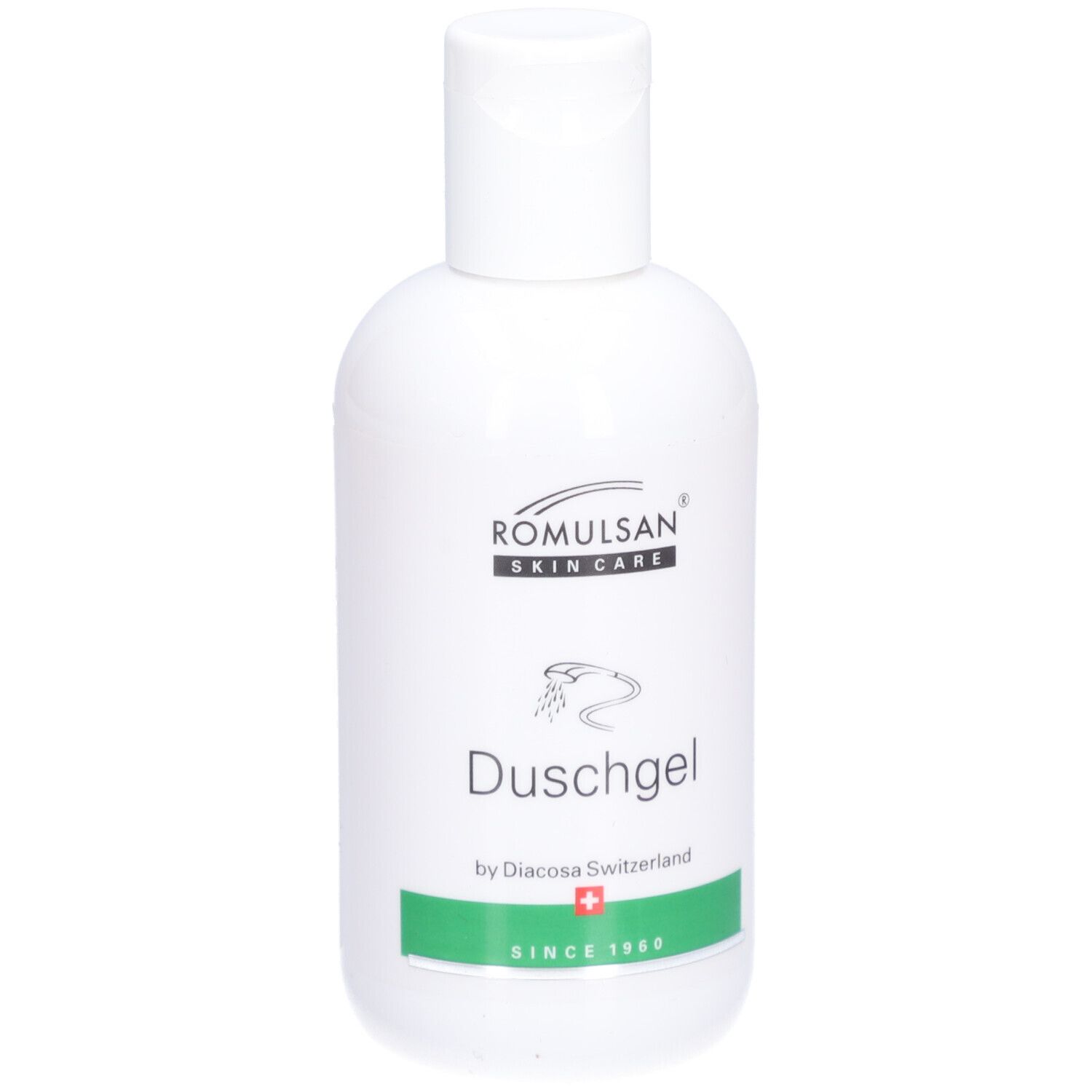 Witte fles met klapdeksel. Opschrift: Romulsan Skin Care, Duschgel, by Diacosa Switzerland. Groene streep met Zwitsers kruis.
