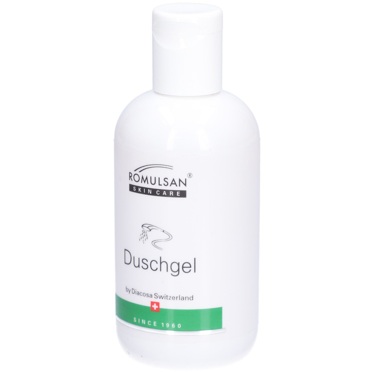 Witte fles met klapdeksel. Opschrift: Romulsan Skin Care, Duschgel, by Diacosa Switzerland. Groene streep met Zwitsers kruis.