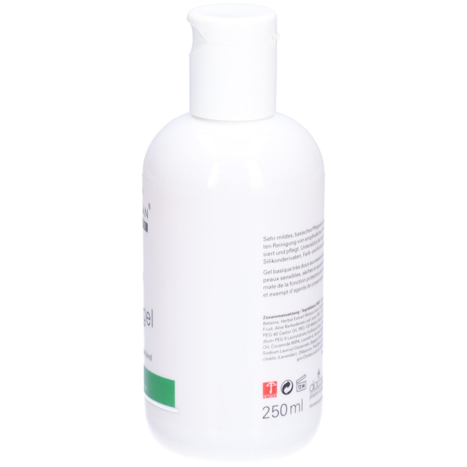Witte fles met klapdeksel. Achterkant met tekst, ingrediënten en 250ml. Opschrift: Romulsan Skin Care, Duschgel, by Diacosa.