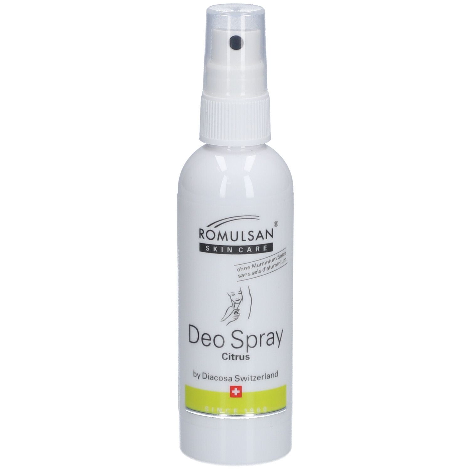 Deospray met sproeikop. Opschrift: ROMULSAN SKIN CARE, Deo Spray Citrus, by Diacosa Switzerland. Zwitsers kruis.
