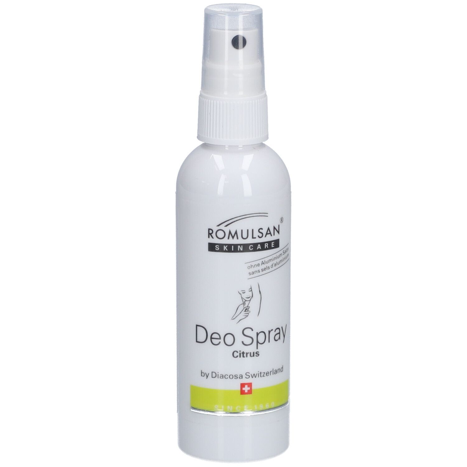 Deospray met sproeikop. Opschrift: ROMULSAN SKIN CARE, Deo Spray Citrus, by Diacosa Switzerland. Zwitsers kruis.