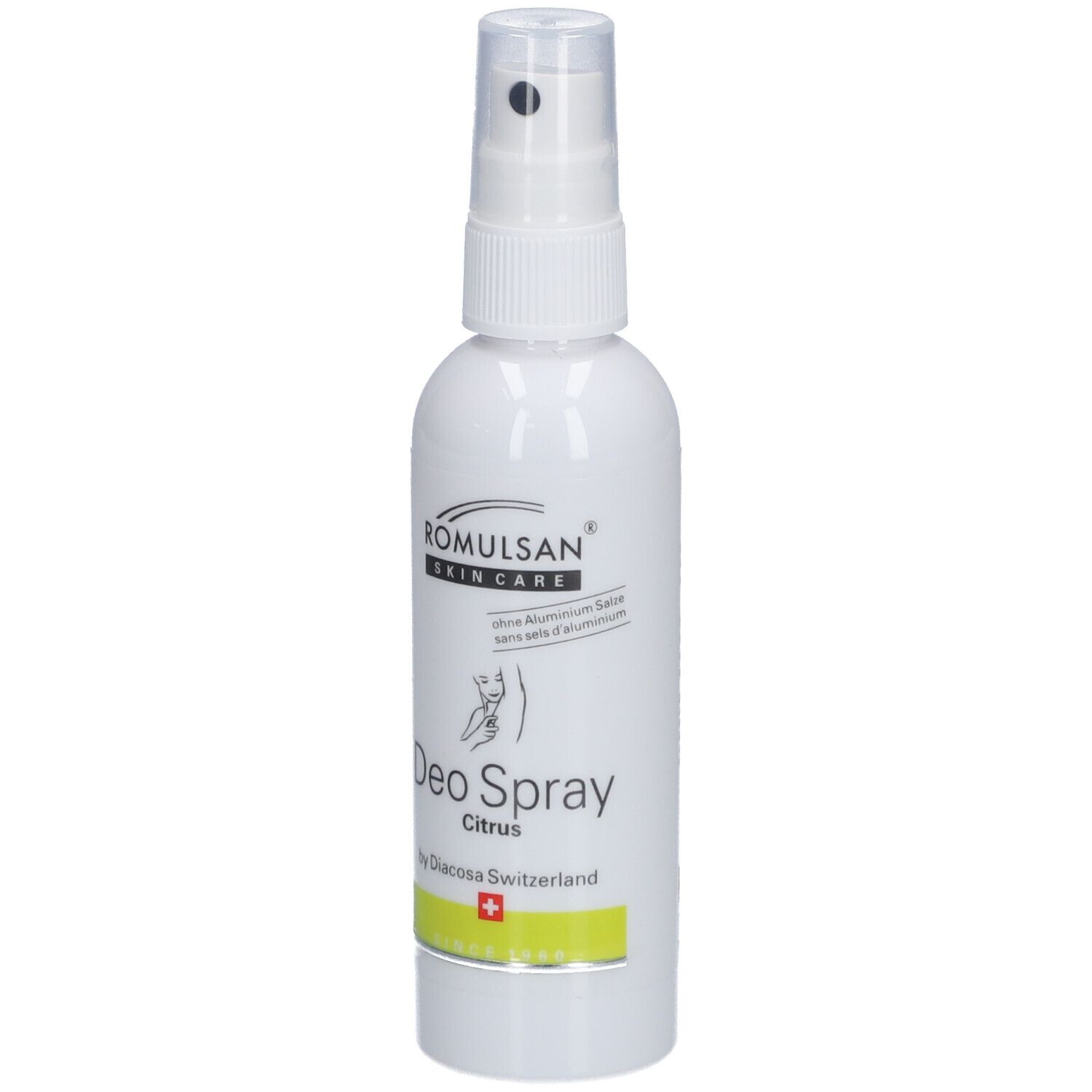 Deospray met sproeikop. Opschrift: ROMULSAN SKIN CARE, Deo Spray Citrus, by Diacosa Switzerland. Zwitsers kruis.
