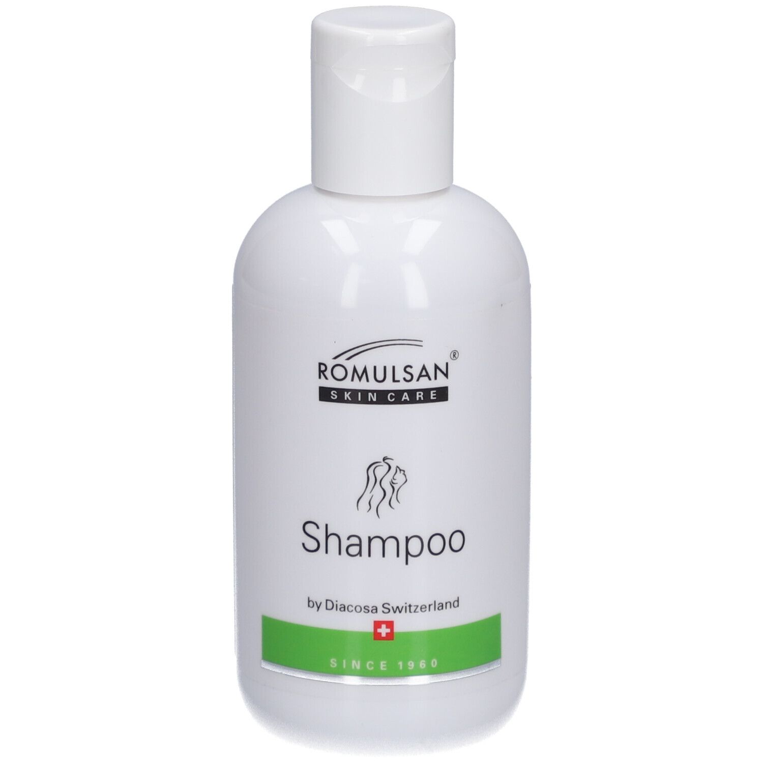 Flacon de shampooing blanc avec bouchon rabattable. Inscription : Romulsan Skin Care, Shampoo, Diacosa Switzerland, croix suisse.