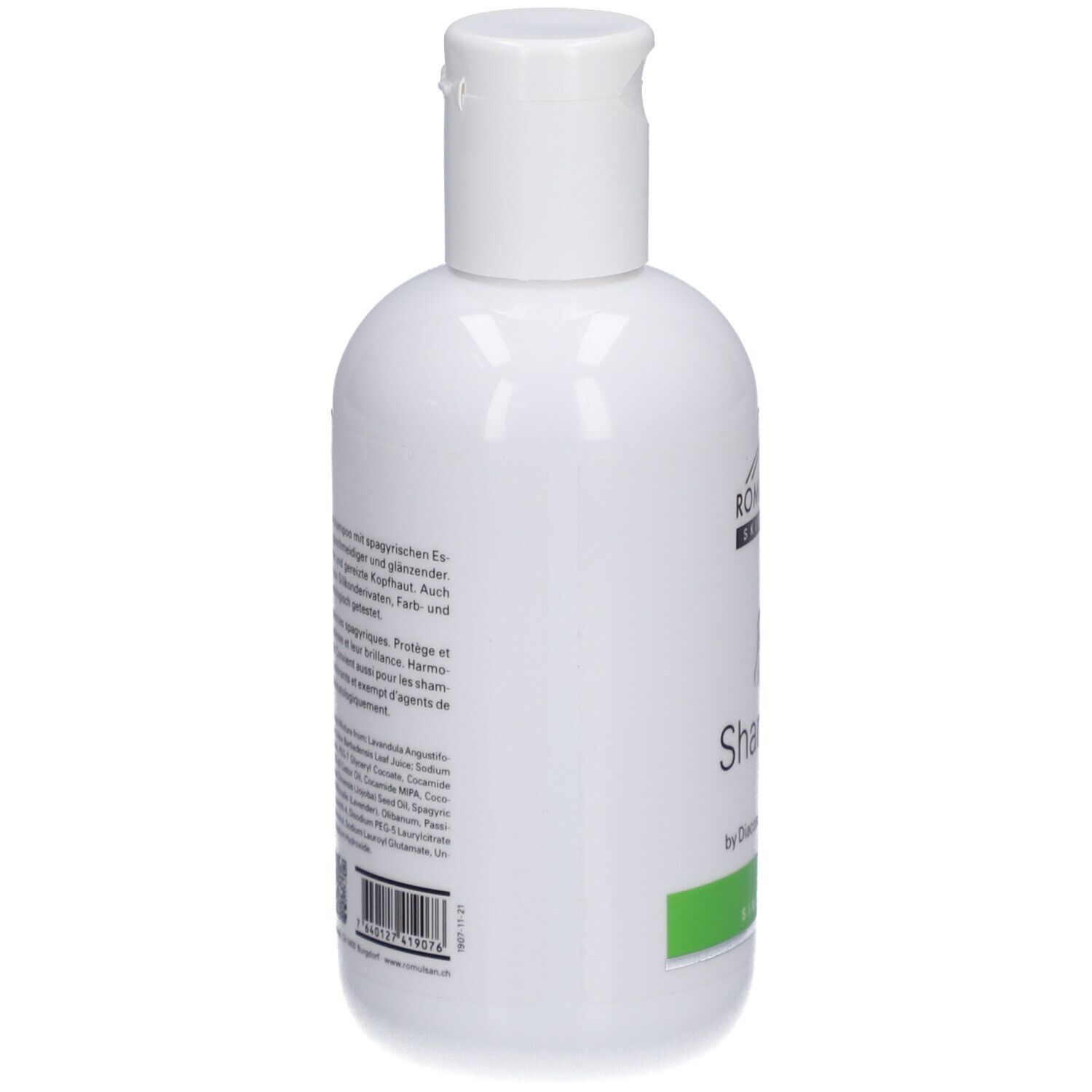 Flacon de shampooing blanc, vue latérale. Texte : Romulsan Skin Care, Shampoo, Diacosa Switzerland. Code-barres et texte.