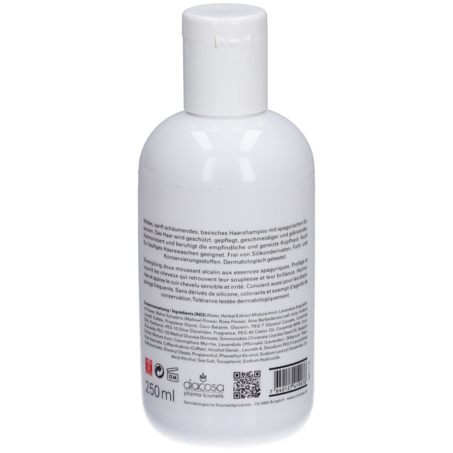 Dos du flacon de shampooing blanc. Texte : ingrédients, instructions d'utilisation, informations du fabricant, 250 ml.