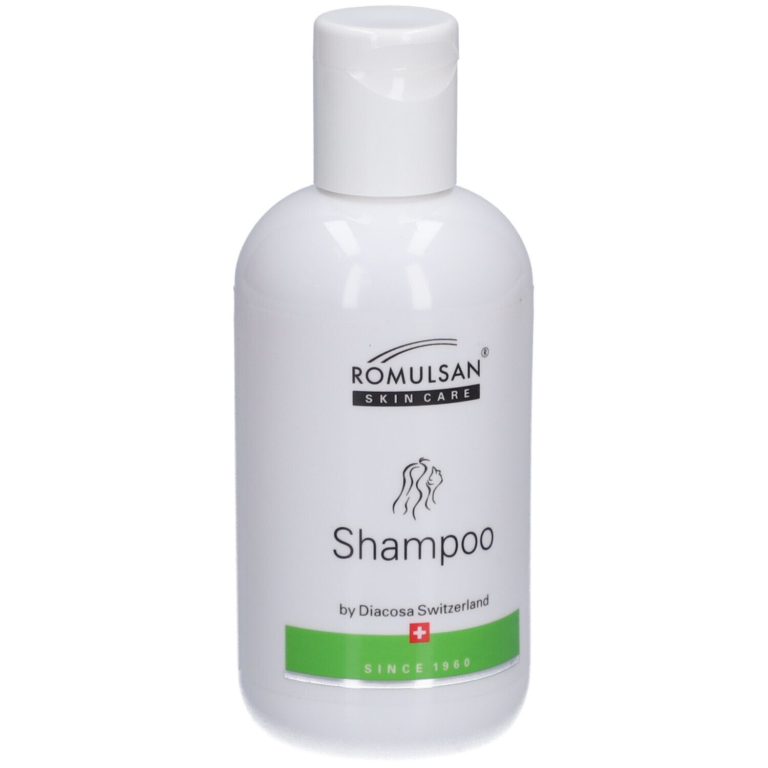 Flacon de shampooing blanc avec bouchon rabattable. Inscription : Romulsan Skin Care, Shampoo, Diacosa Switzerland, croix suisse.