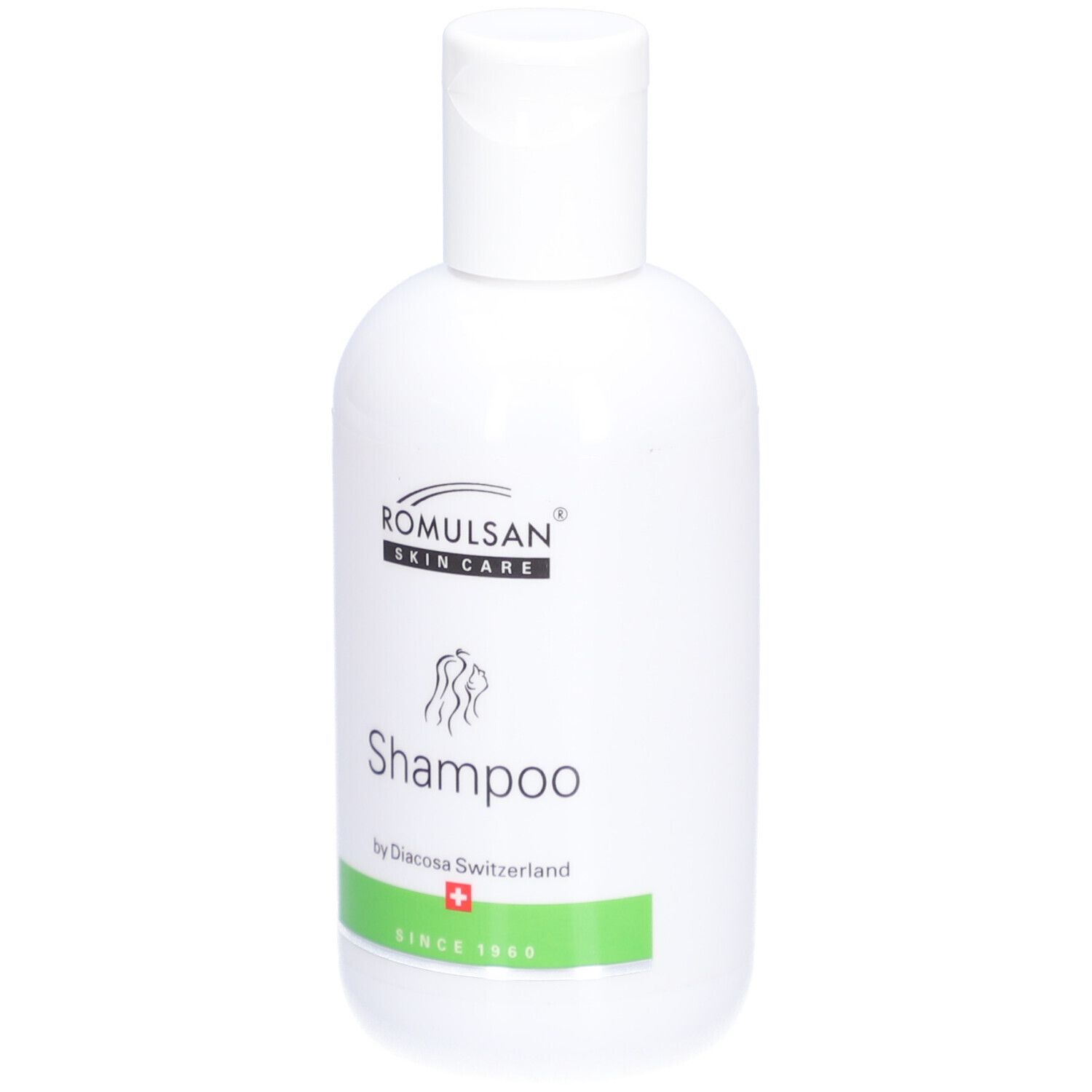 Flacon de shampooing blanc avec bouchon rabattable. Inscription : Romulsan Skin Care, Shampoo, Diacosa Switzerland, croix suisse.