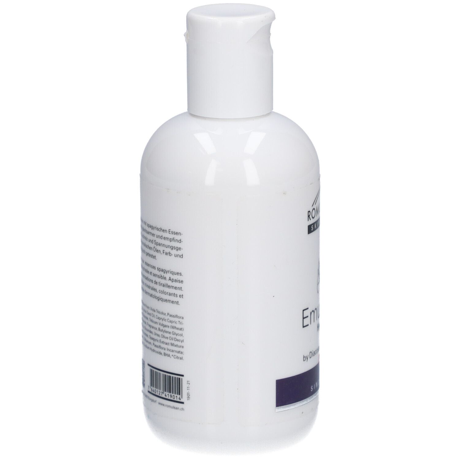 Witte fles met witte klapdop. Tekst in meerdere talen op de zijkant. Streepjescode en fabrikantinfo.