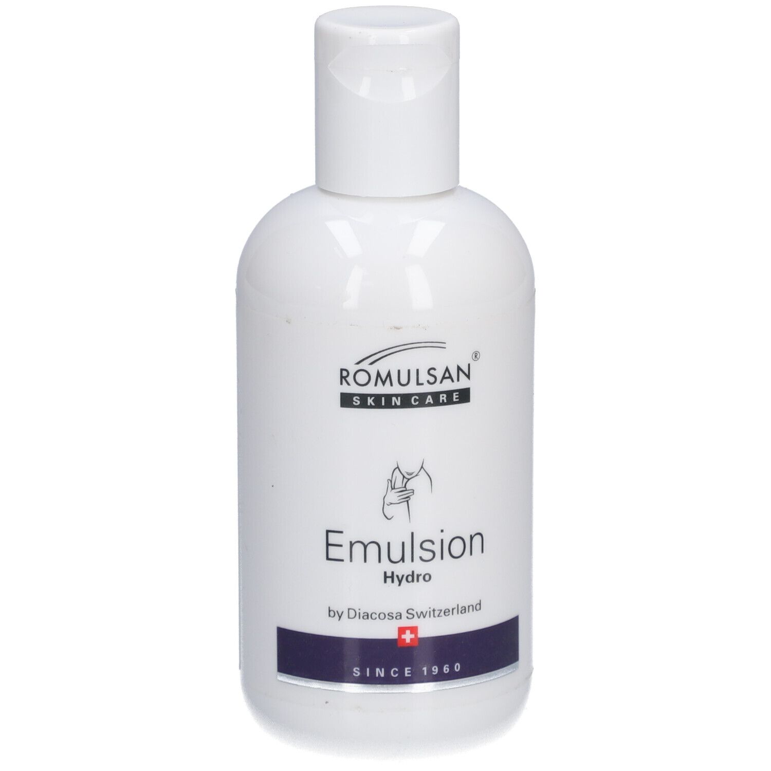 Witte fles met witte klapdop. Opschrift: Romulsan Skin Care, Emulsion Hydro, Diacosa Switzerland, Zwitsers kruis.