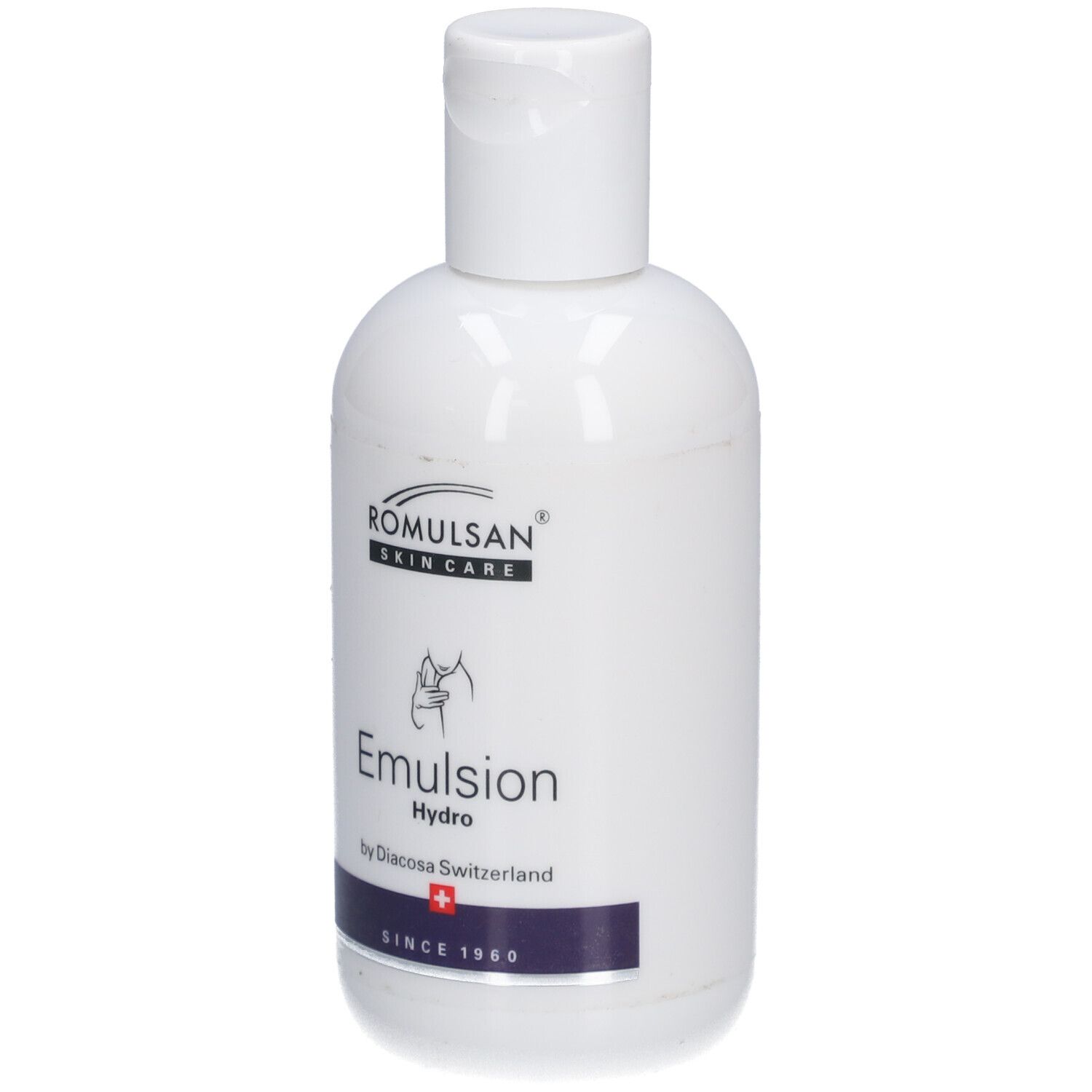 Witte fles met witte klapdop. Opschrift: Romulsan Skin Care, Emulsion Hydro, Diacosa Switzerland, Zwitsers kruis.