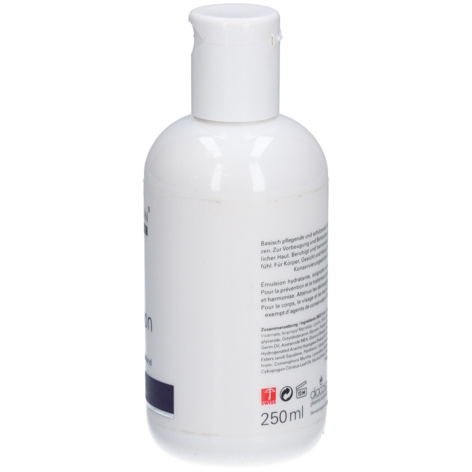 Witte fles met witte klapdop. Tekst en fabrikantinfo op de achterkant. Volume: 250 ml.