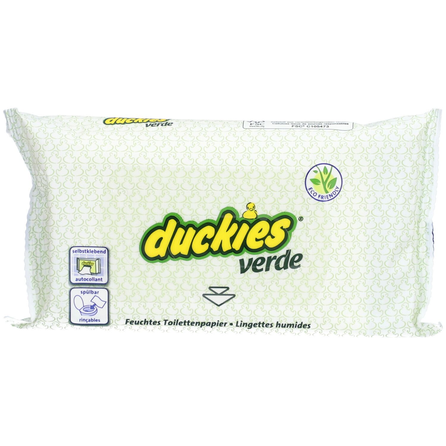 Paquet de lingettes humides DUCKIES Verde. Logo vert et jaune, label Eco-Friendly. Inscription : "Feuchtes Toilettenpapier - Lingettes humides".