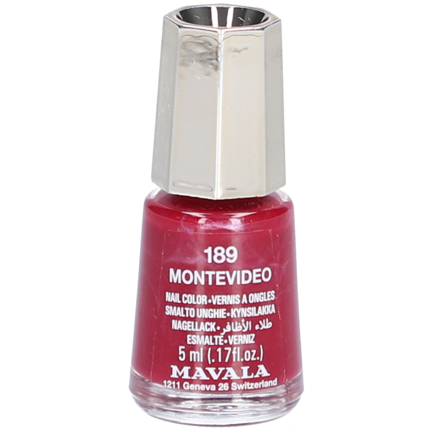 Flacon de vernis à ongles rouge, bouchon argenté. Inscription: 189 MONTEVIDEO, Nail Color, 5 ml. Marque: MAVALA.