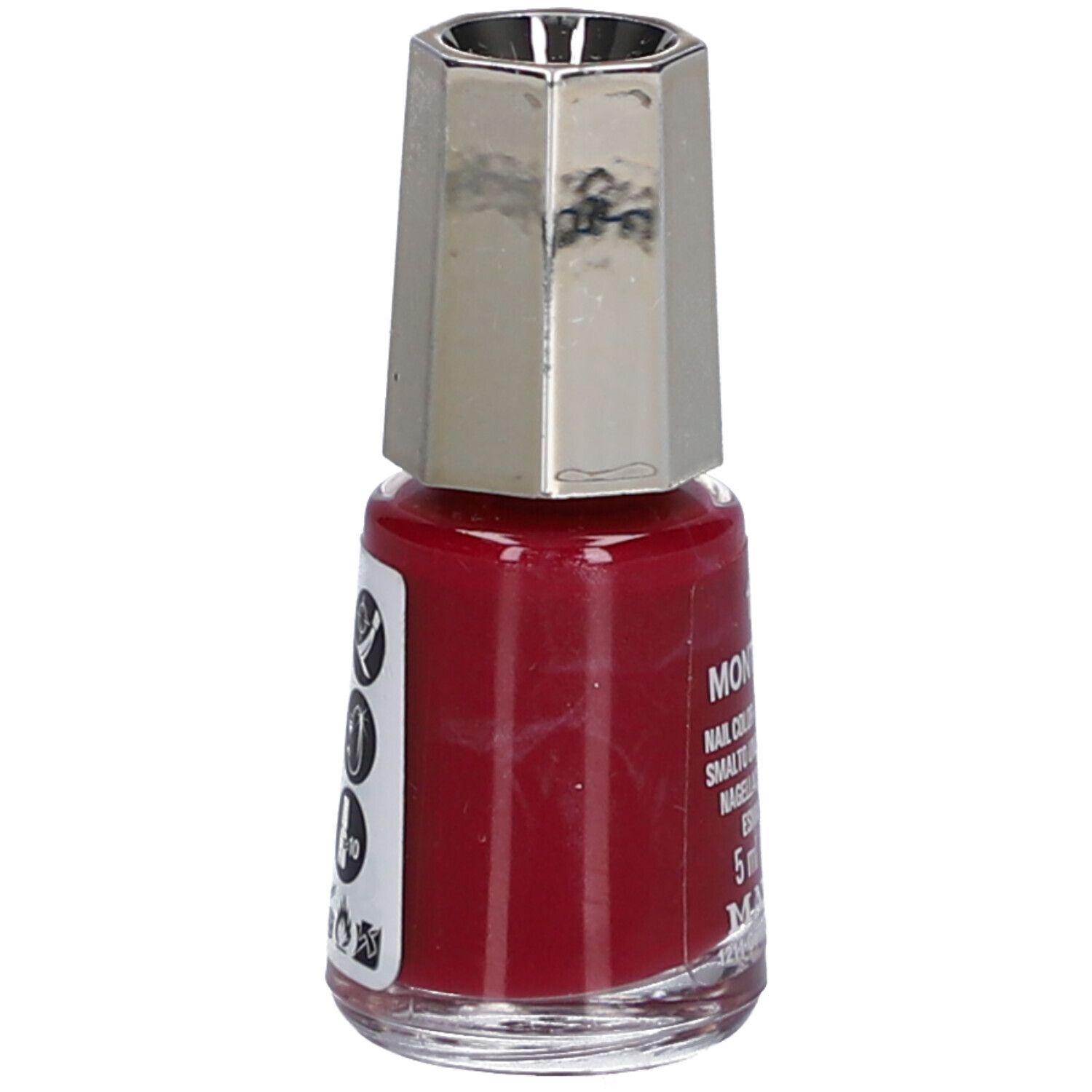 Flacon de vernis à ongles rouge, bouchon argenté. Étiquette latérale avec symboles et texte. Marque: MAVALA.