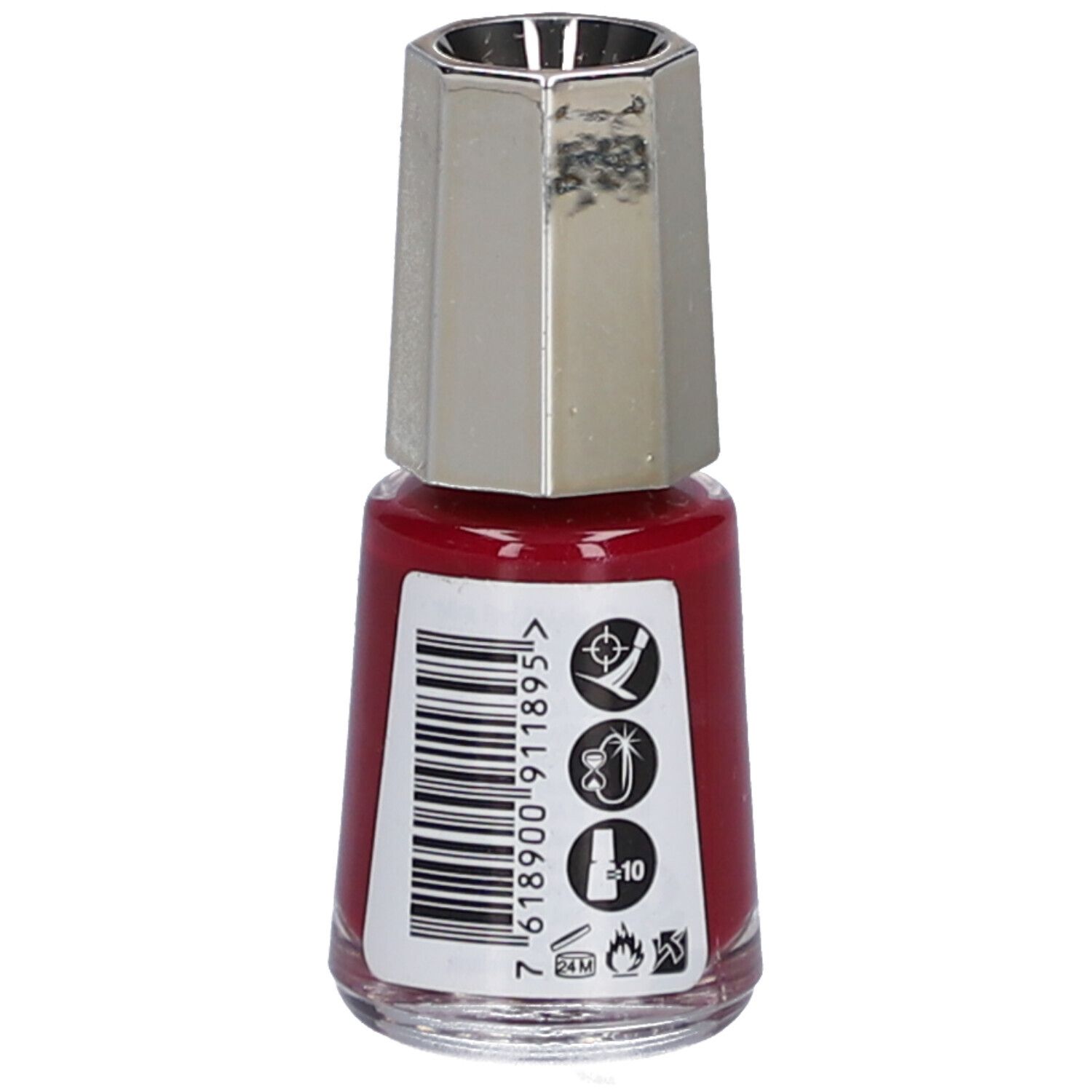 Flacon de vernis à ongles rouge, bouchon argenté. Dos avec code-barres et symboles. Marque: MAVALA.