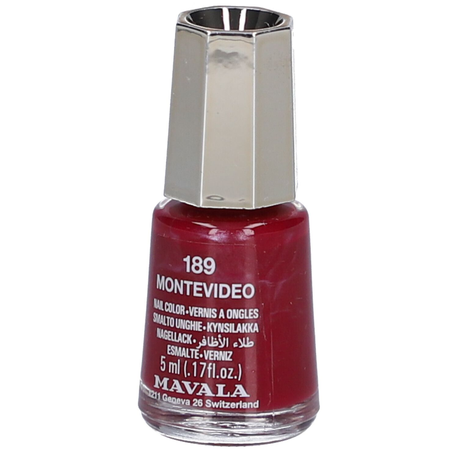 Flacon de vernis à ongles rouge, bouchon argenté. Inscription: 189 MONTEVIDEO, Nail Color, 5 ml. Marque: MAVALA.