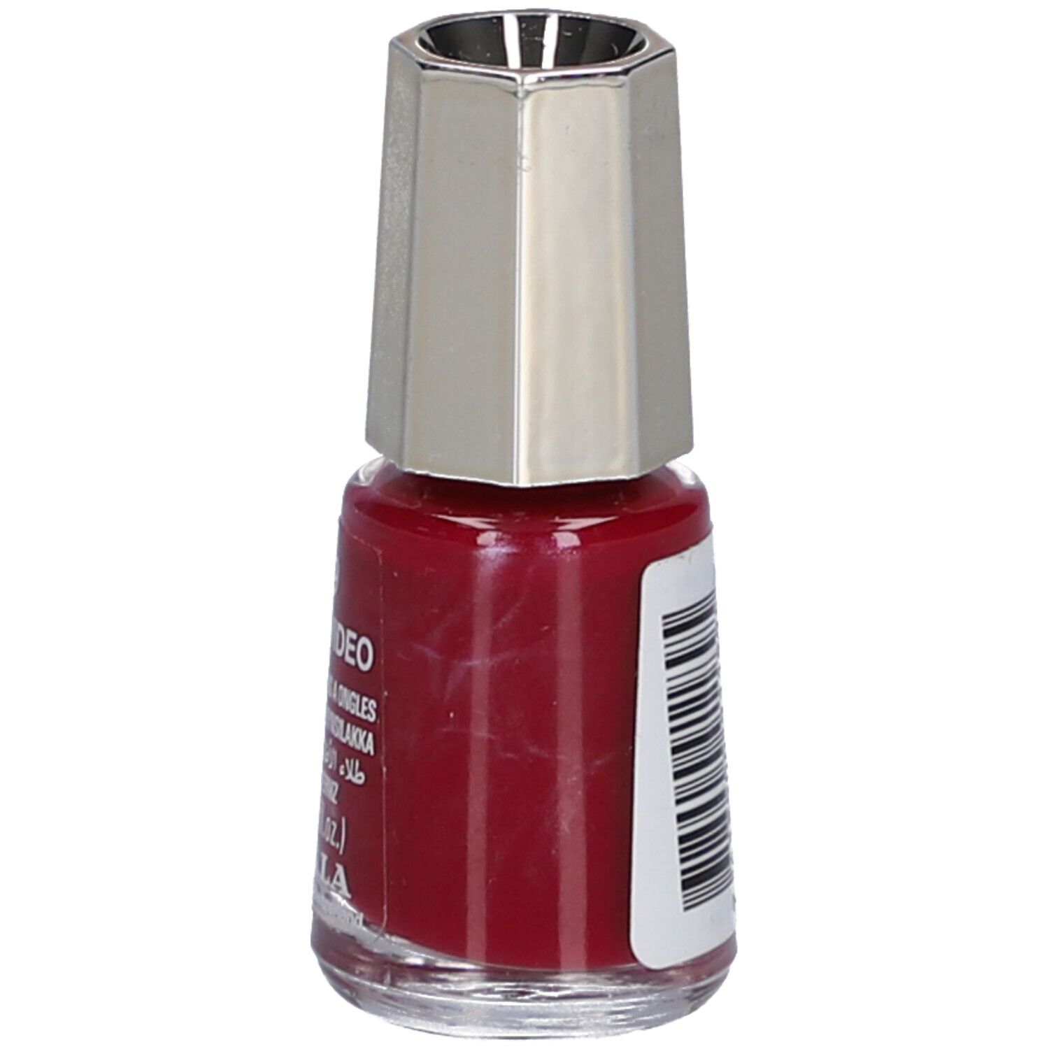 Flacon de vernis à ongles rouge, bouchon argenté. Code-barres et texte sur le côté. Marque: MAVALA.