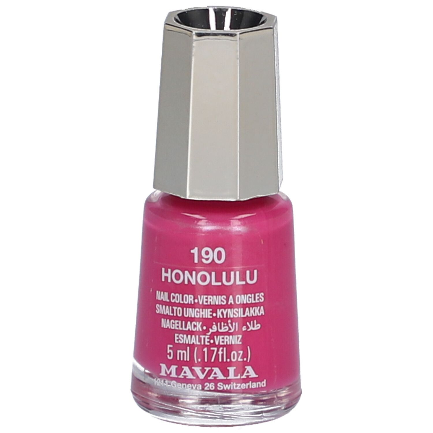 Flacon de vernis à ongles rose. Bouchon argenté. Inscription: 190 HONOLULU, Nail Color, 5 ml. Marque: MAVALA.