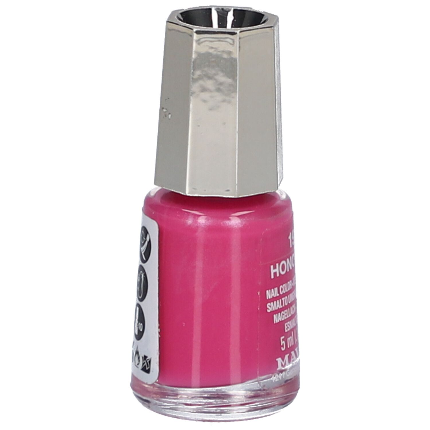 Flacon de vernis à ongles rose. Bouchon argenté. Inscription: 190 HONOLULU, Nail Color, 5 ml. Marque: MAVALA.