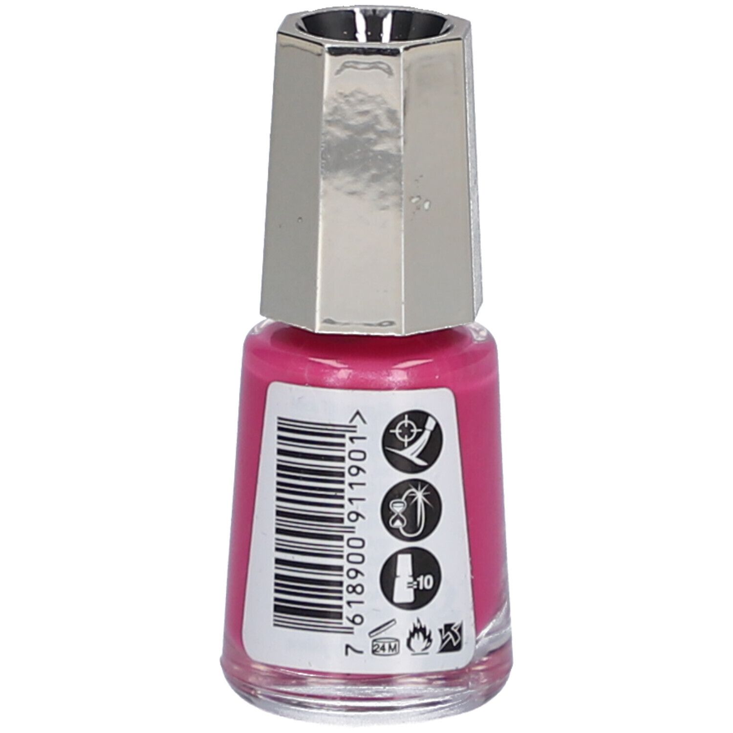 Flacon de vernis à ongles rose. Bouchon argenté. Verso avec code-barres et symboles.