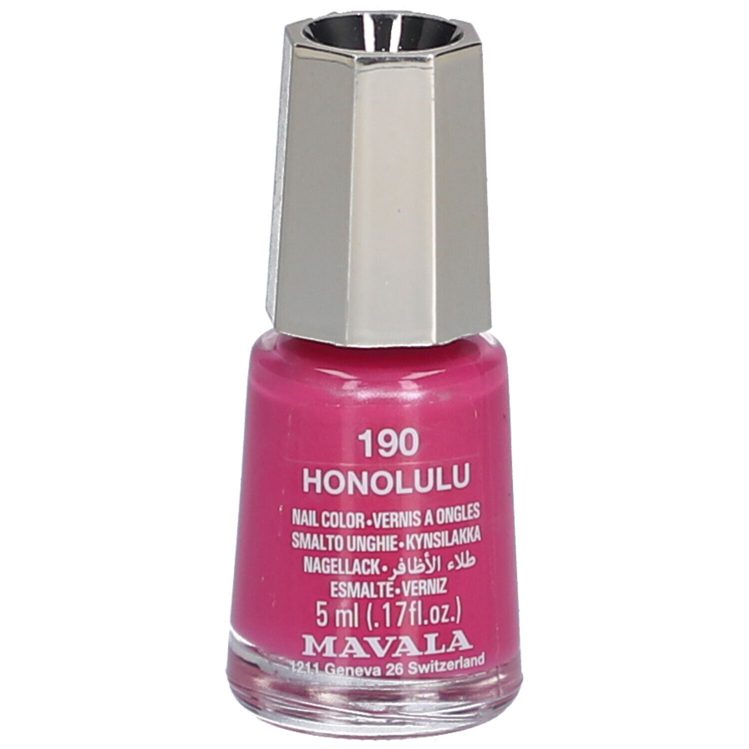 Flacon de vernis à ongles rose. Bouchon argenté. Inscription: 190 HONOLULU, Nail Color, 5 ml. Marque: MAVALA.