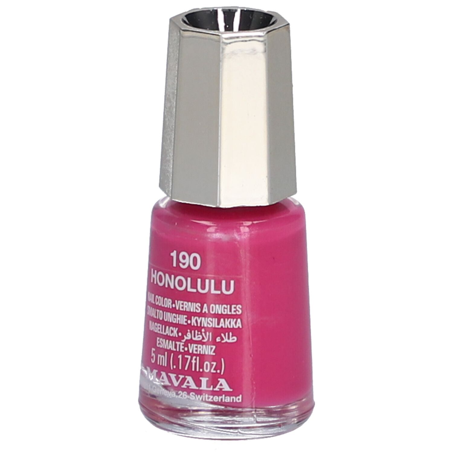 Flacon de vernis à ongles rose. Bouchon argenté. Inscription: 190 HONOLULU, Nail Color, 5 ml. Marque: MAVALA.
