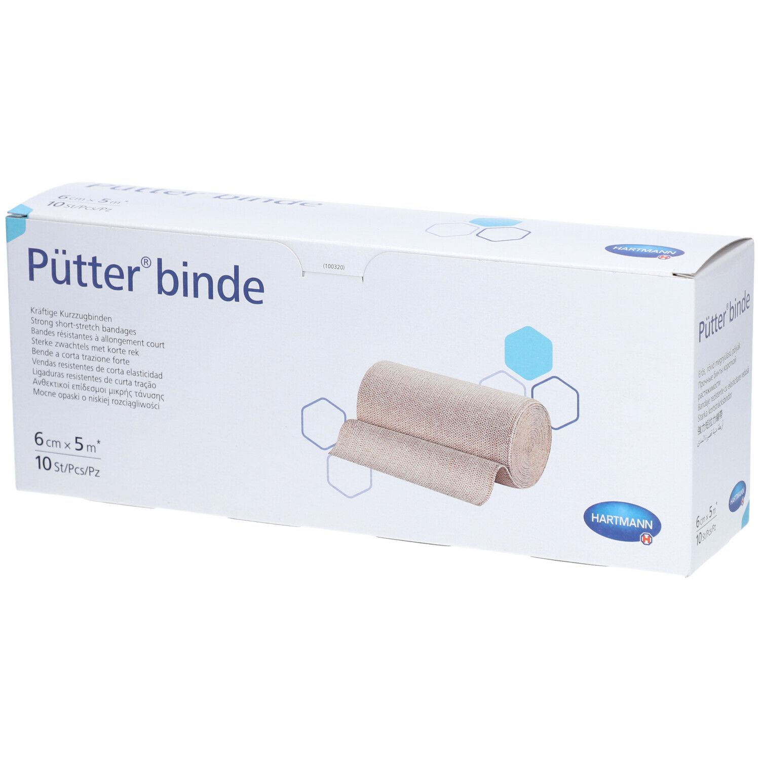 Pütter® binde verpakking. Beige compressieverband, 6 cm x 5 m. Hartmann-logo. 10 stuks per verpakking.