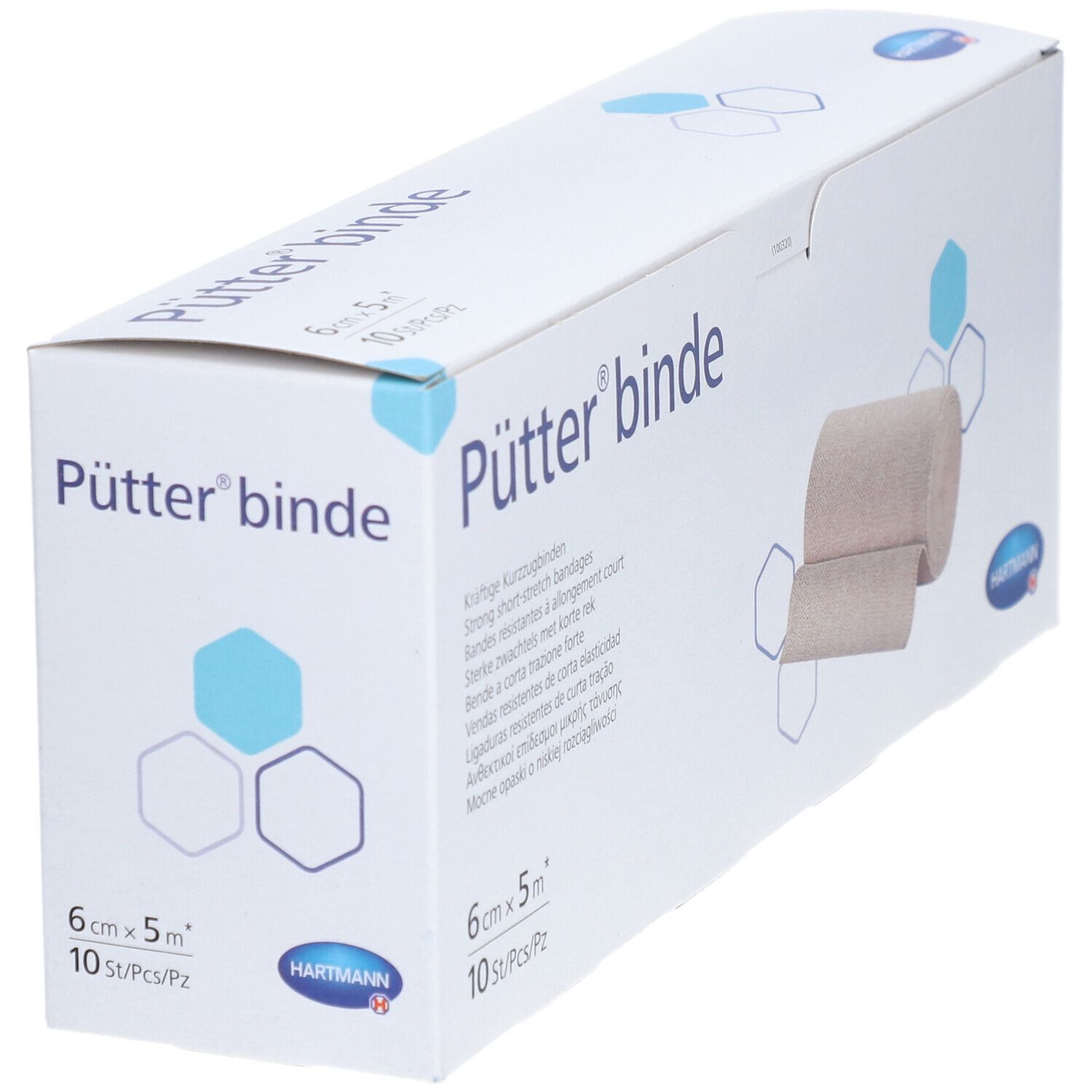 Pütter® binde verpakking. Beige compressieverband, 6 cm x 5 m. Hartmann-logo. 10 stuks per verpakking.