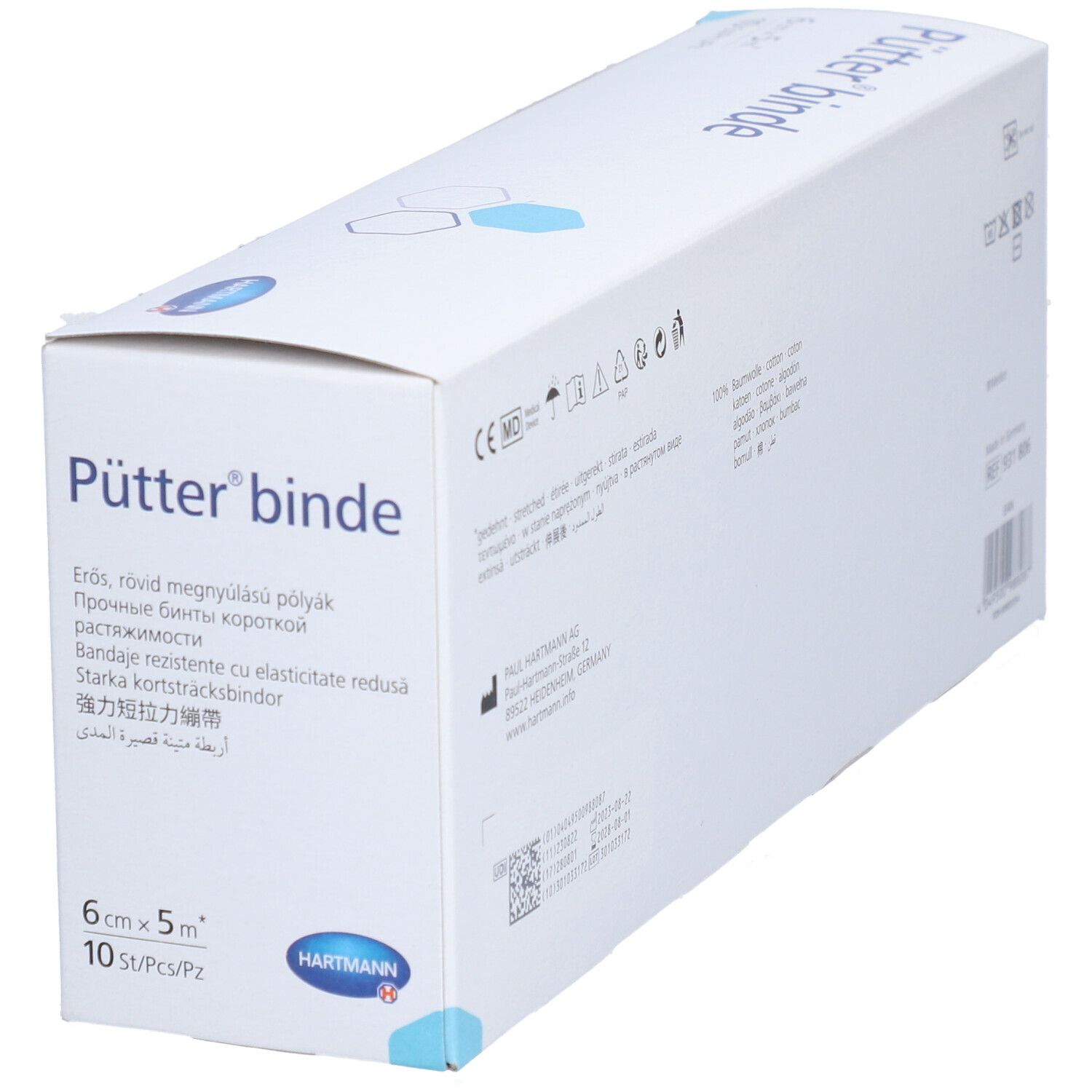 Pütter® binde verpakking. Beige compressieverband, 6 cm x 5 m. Hartmann-logo. 10 stuks per verpakking.