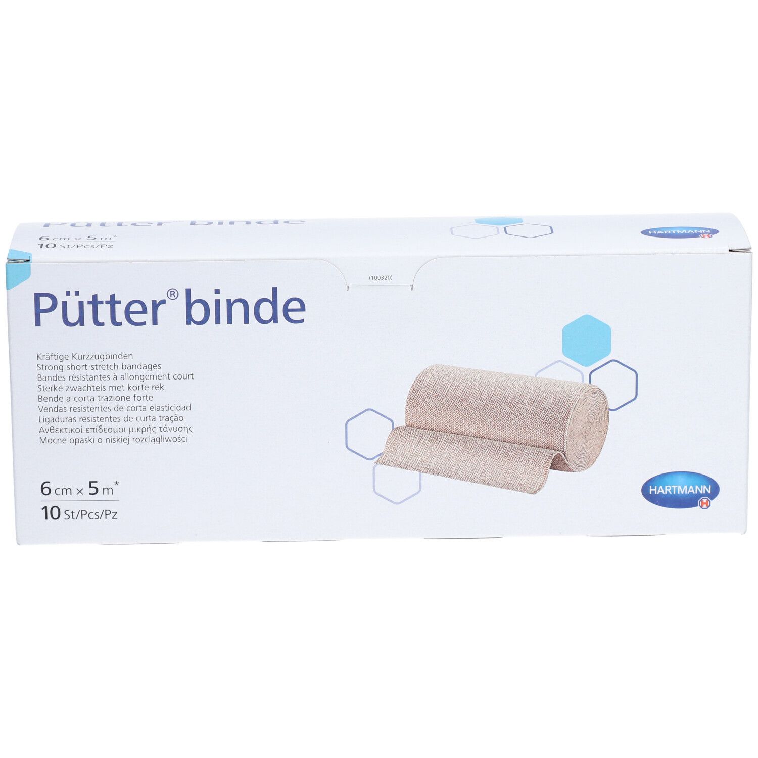 Pütter® binde verpakking. Beige compressieverband, 6 cm x 5 m. Hartmann-logo. 10 stuks per verpakking.