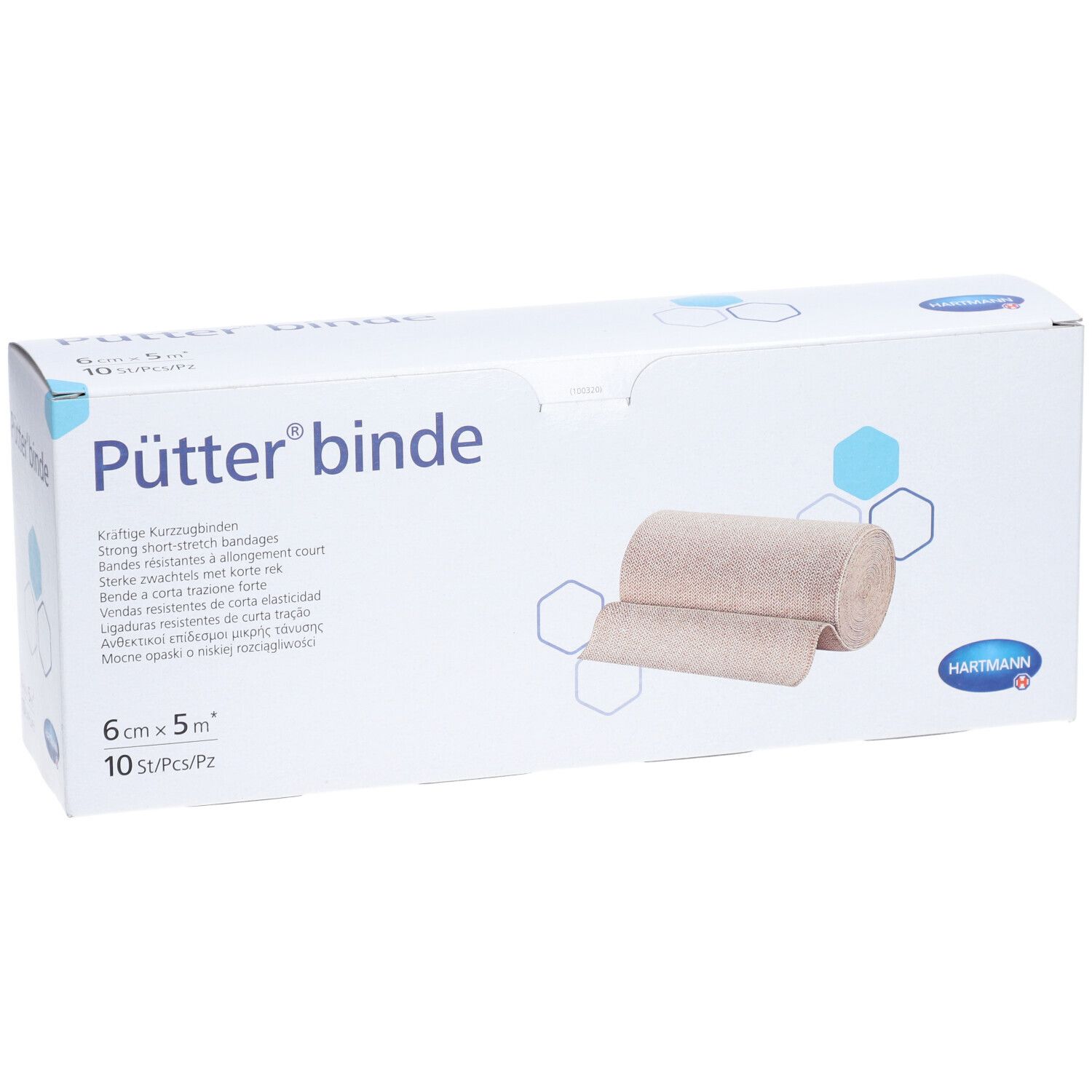 Pütter® binde verpakking. Beige compressieverband, 6 cm x 5 m. Hartmann-logo. 10 stuks per verpakking.