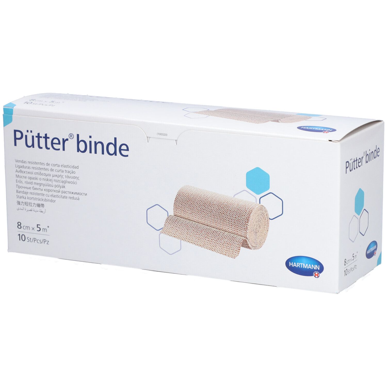 Emballage de la bande Pütter®. Inscription : 8 cm x 5 m, 10 pièces/paquet. Logo Hartmann. La bande de compression est montrée.