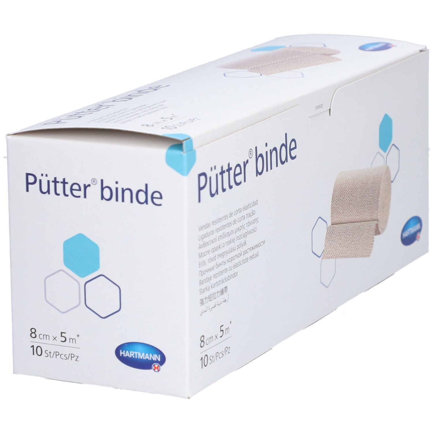 Emballage de la bande Pütter®. Inscription : 8 cm x 5 m, 10 pièces/paquet. Logo Hartmann. La bande de compression est montrée.