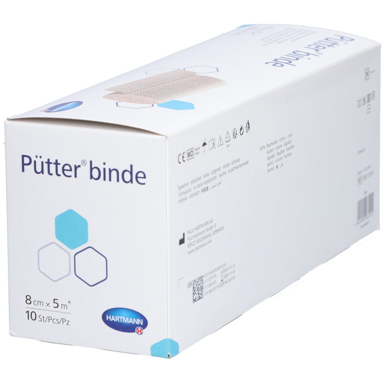Emballage de la bande Pütter®. Inscription : 8 cm x 5 m, 10 pièces/paquet. Logo Hartmann. La bande de compression est montrée.