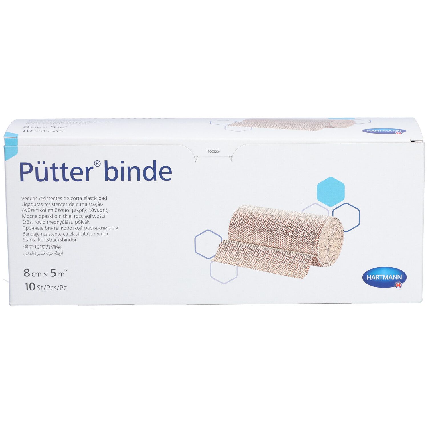 Emballage de la bande Pütter®. Inscription : 8 cm x 5 m, 10 pièces/paquet. Logo Hartmann. La bande de compression est montrée.