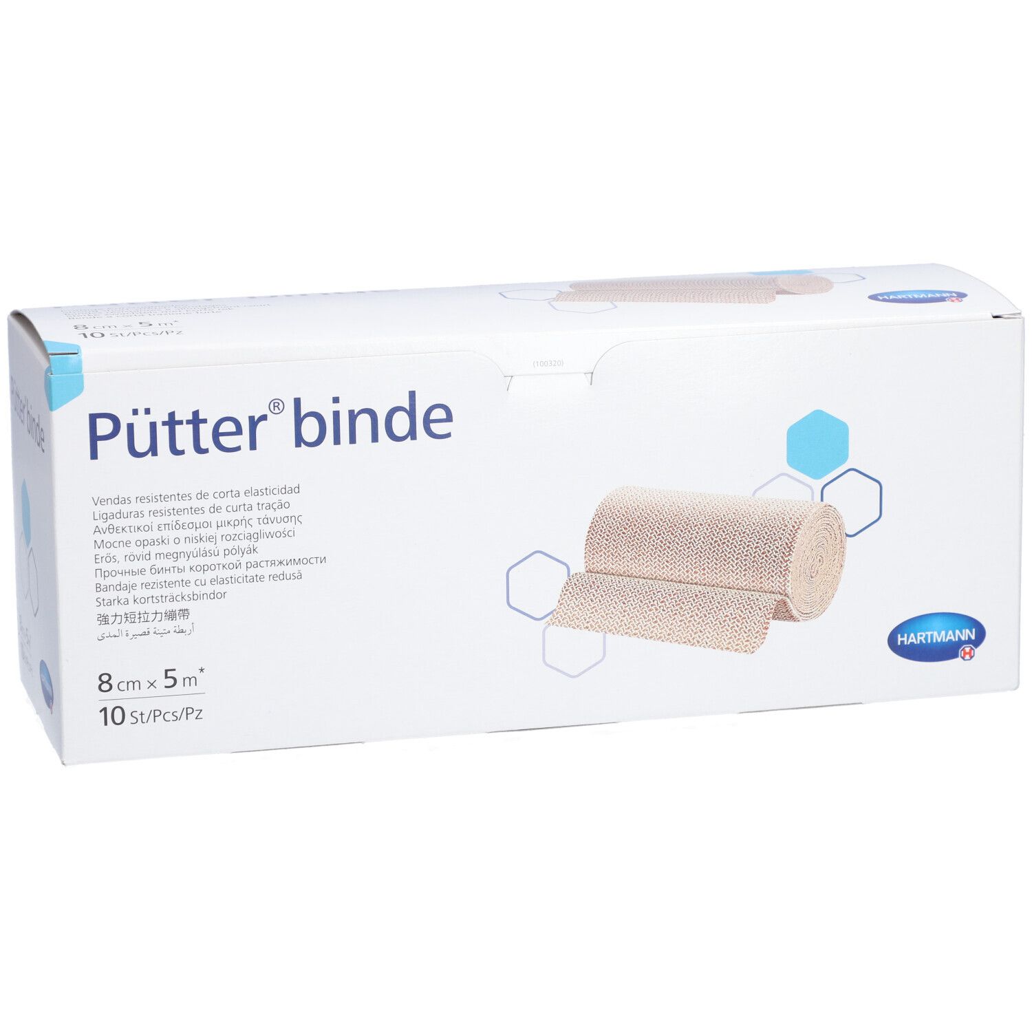 Emballage de la bande Pütter®. Inscription : 8 cm x 5 m, 10 pièces/paquet. Logo Hartmann. La bande de compression est montrée.