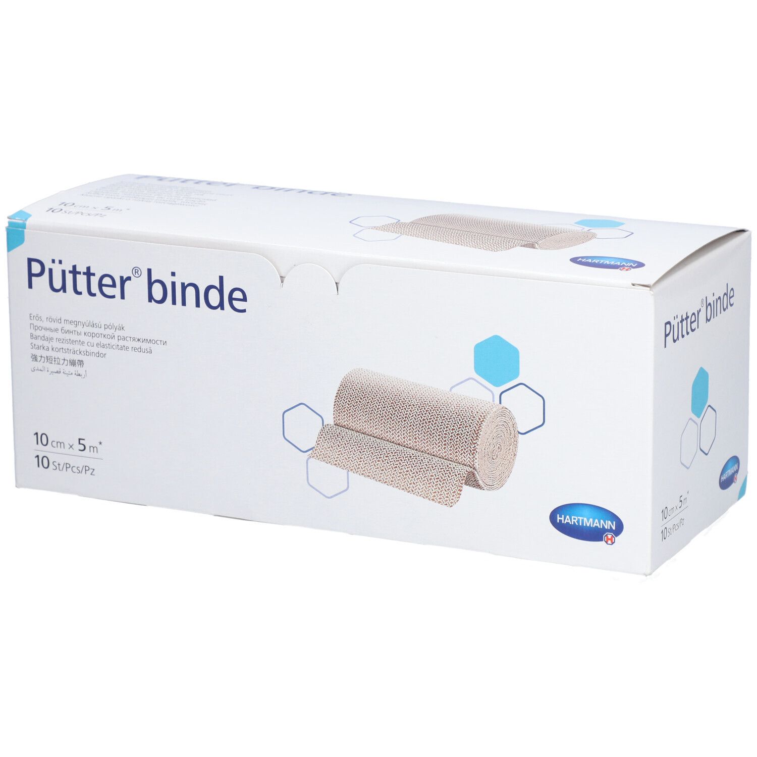 Emballage de Pütter® binde. 10 cm x 5 m. 10 pièces. Bande de compression beige illustrée. Logo Hartmann.