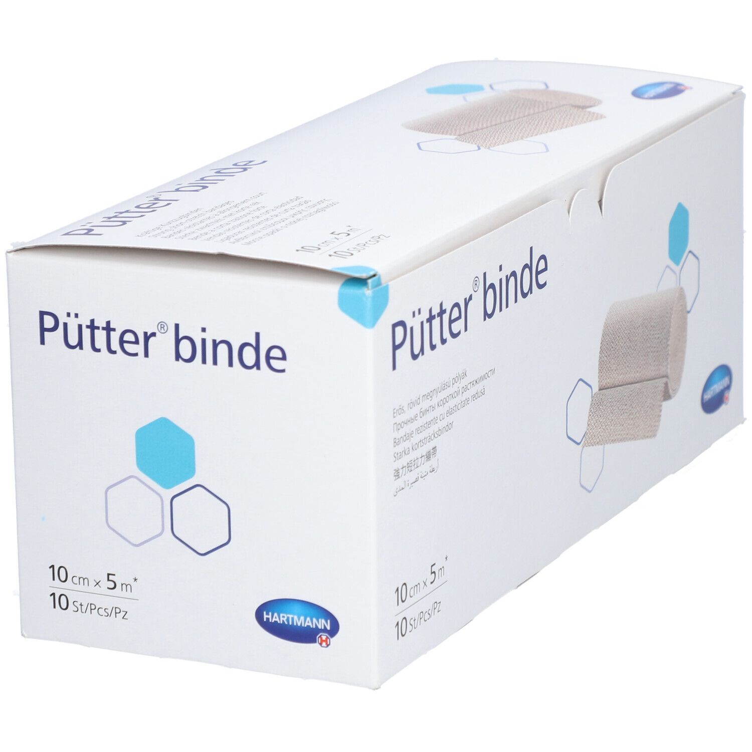 Emballage de Pütter® binde. 10 cm x 5 m. 10 pièces. Bande de compression beige illustrée. Logo Hartmann.