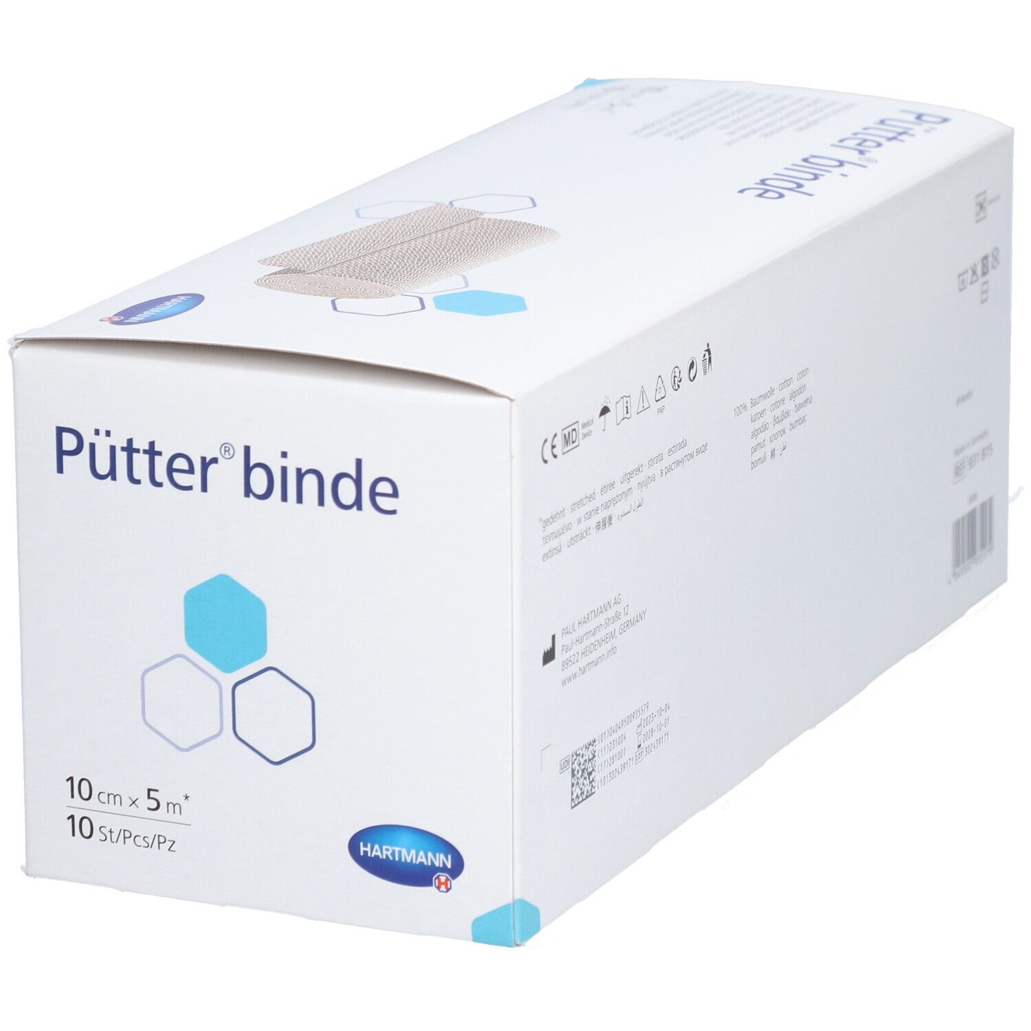 Emballage de Pütter® binde. 10 cm x 5 m. 10 pièces. Bande de compression beige illustrée. Logo Hartmann.
