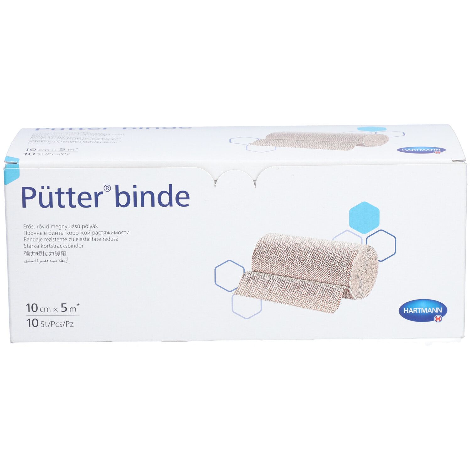 Emballage de Pütter® binde. 10 cm x 5 m. 10 pièces. Bande de compression beige illustrée. Logo Hartmann.