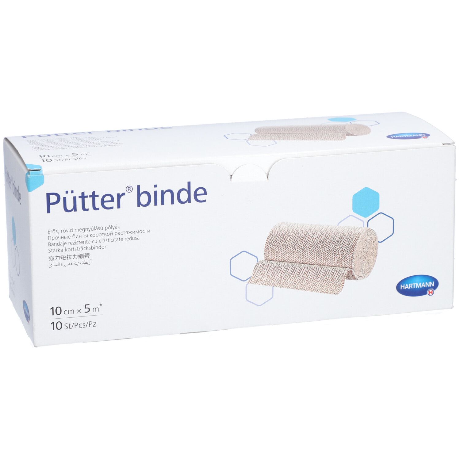 Emballage de Pütter® binde. 10 cm x 5 m. 10 pièces. Bande de compression beige illustrée. Logo Hartmann.