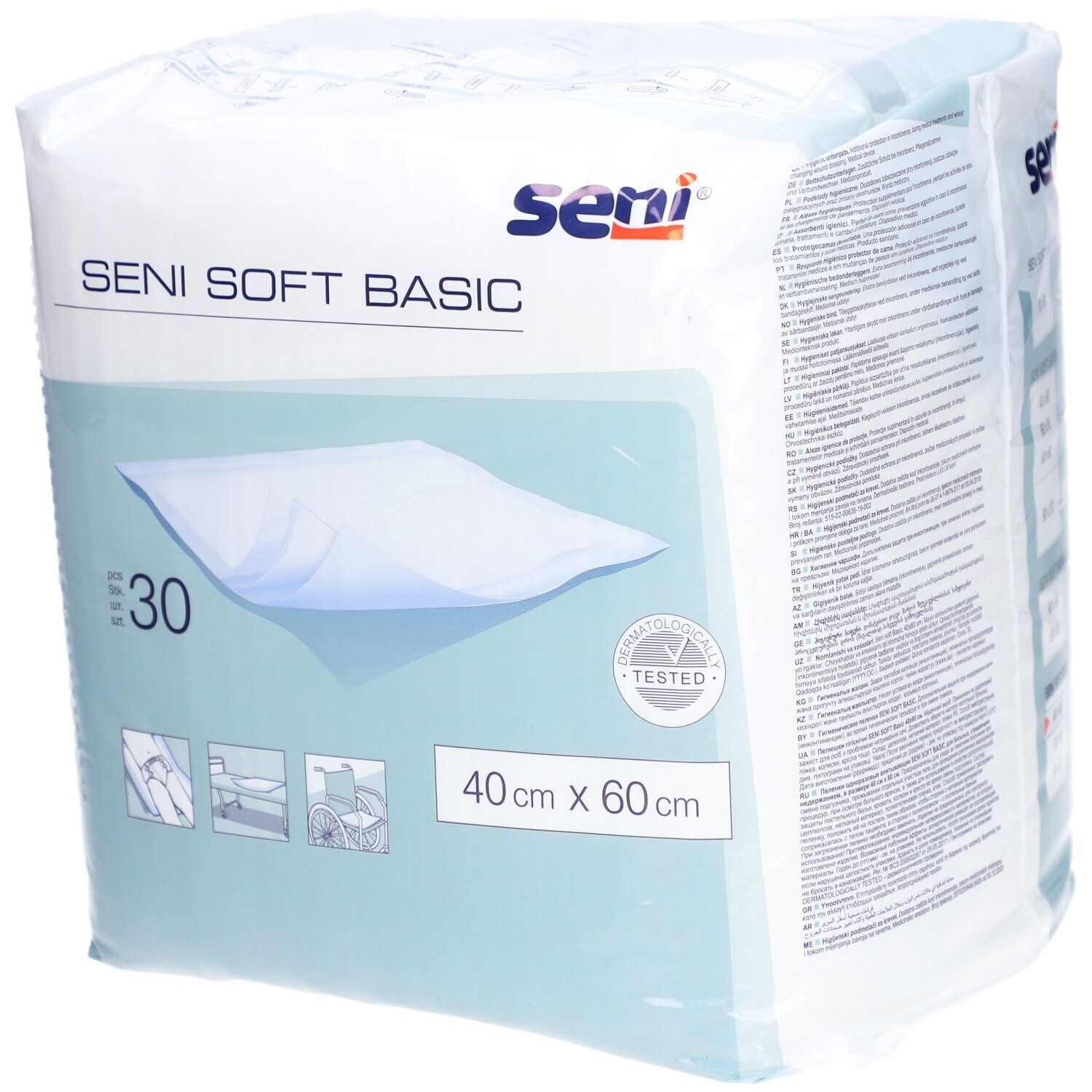Emballage Seni Soft Basic. 30 unités, 40 x 60 cm. Logo et certification visibles.